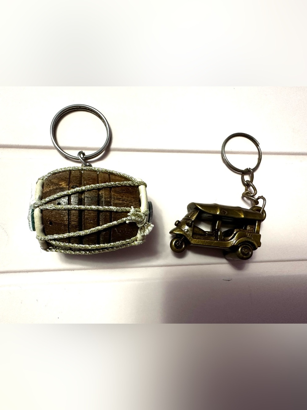 Brass Tuk Tuk Keychain and Wooden Drum Keyring Set - Brown & Gold